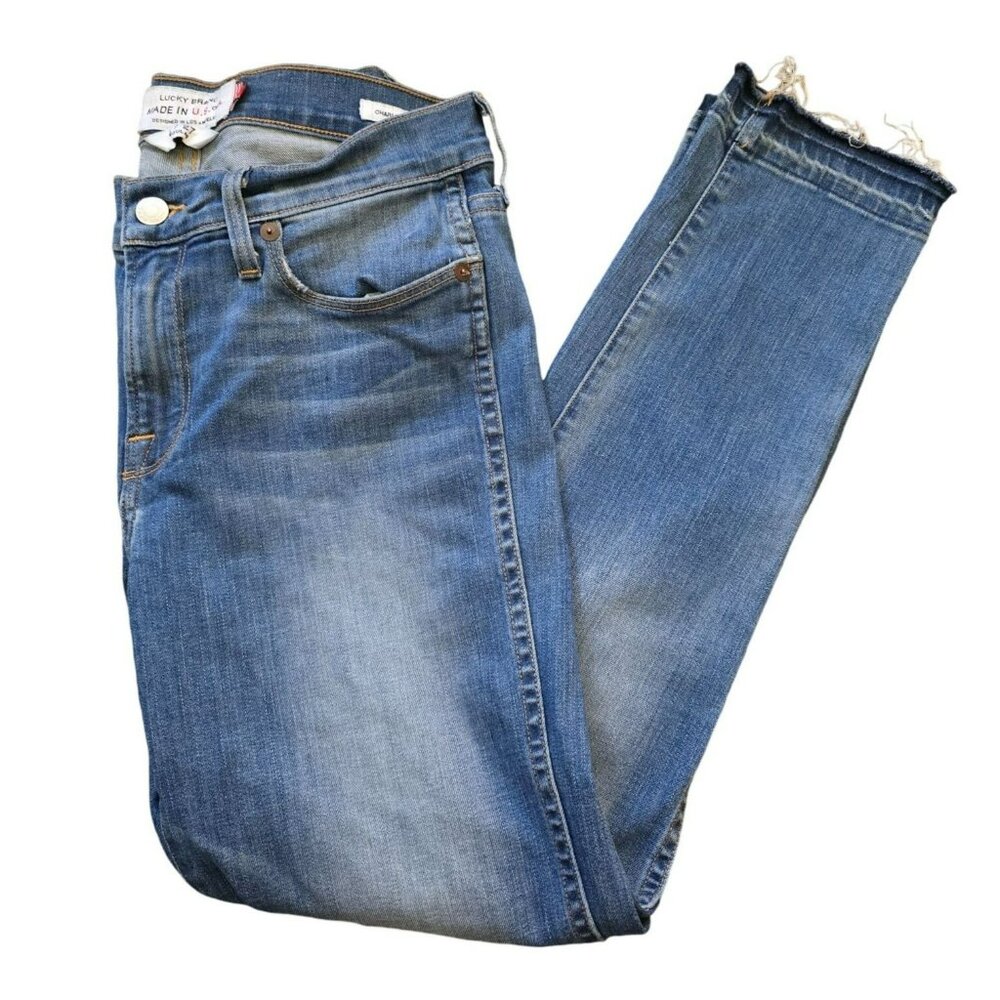 Lucky Brand Womens Jeans Charlotte Rail White Oak 4/27 Mid-Rise Frayed Hem vr705